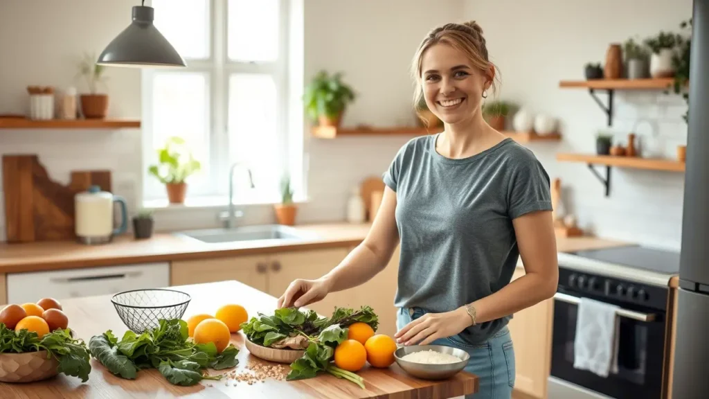 Anti-Inflammatory Diet for Women Over 30: A Wellness Guide 2 Uma mulher está em uma cozinha bem iluminada, sorrindo enquanto organiza frutas cítricas, vegetais frescos e grãos em uma bancada de madeira. A cozinha é moderna e acolhedora, com plantas decorativas e utensílios organizados nas prateleiras.