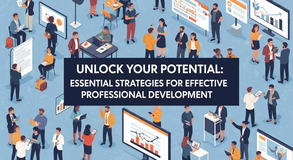 Ilustração vibrante de profissionais em diversas atividades de desenvolvimento, com o texto "Unlock Your Potential: Essential Strategies for Effective Professional Development" em destaque.