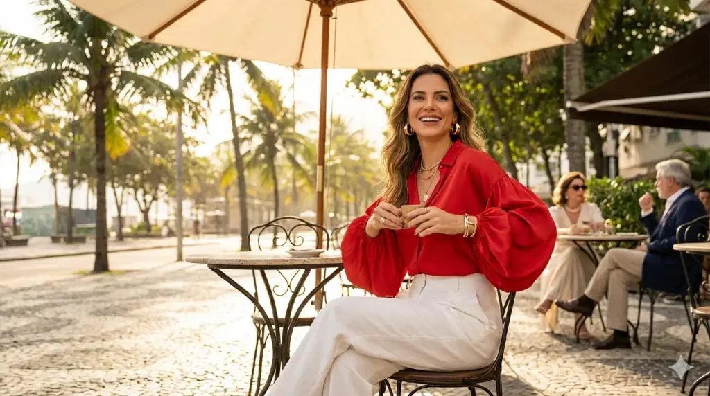 Mulher elegante e sorridente vestindo uma blusa vermelha vibrante com calça branca em um ambiente de verão ensolarado.