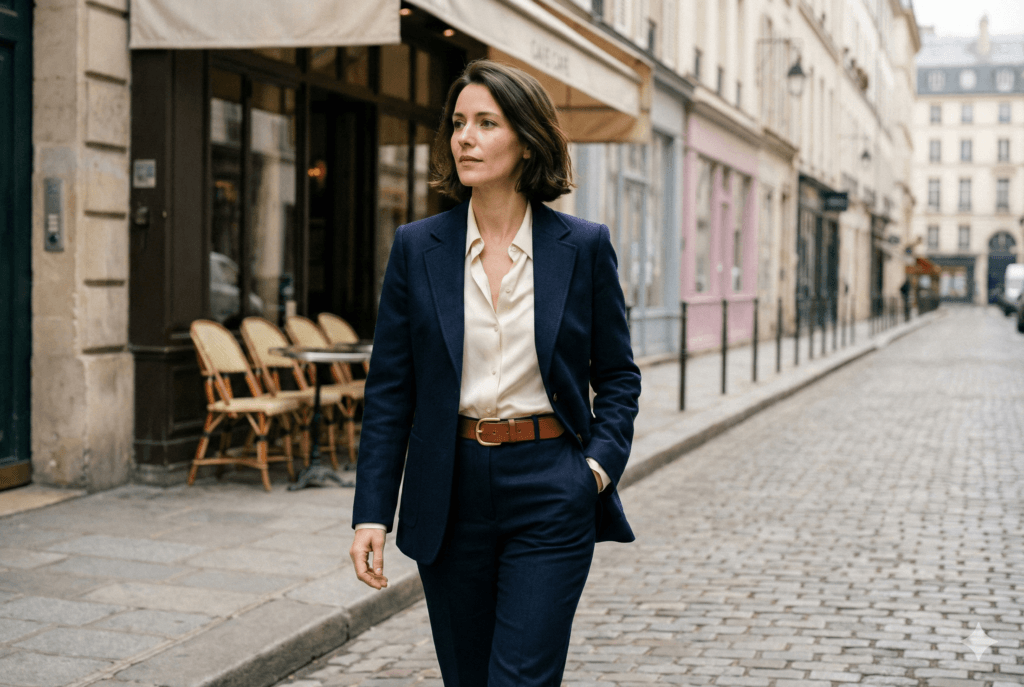 Mulher elegante de cabelos curtos caminhando em uma rua de paralelepípedos em estilo parisiense. Ela veste um terninho azul marinho clássico (blazer e calça), camisa bege e um cinto de couro marrom com fivela dourada. Ao fundo, um café tradicional.
