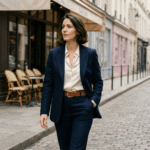 Mulher elegante de cabelos curtos caminhando em uma rua de paralelepípedos em estilo parisiense. Ela veste um terninho azul marinho clássico (blazer e calça), camisa bege e um cinto de couro marrom com fivela dourada. Ao fundo, um café tradicional.