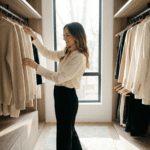 Closet monocromático com looks elegantes em tons neutros como bege, branco e preto, representando estilo sofisticado e atemporal feminino.