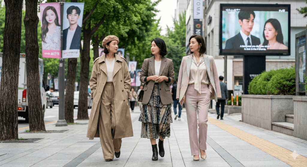 Mulher elegante usando moda inspirada na cultura pop asiática na moda feminina após os 30