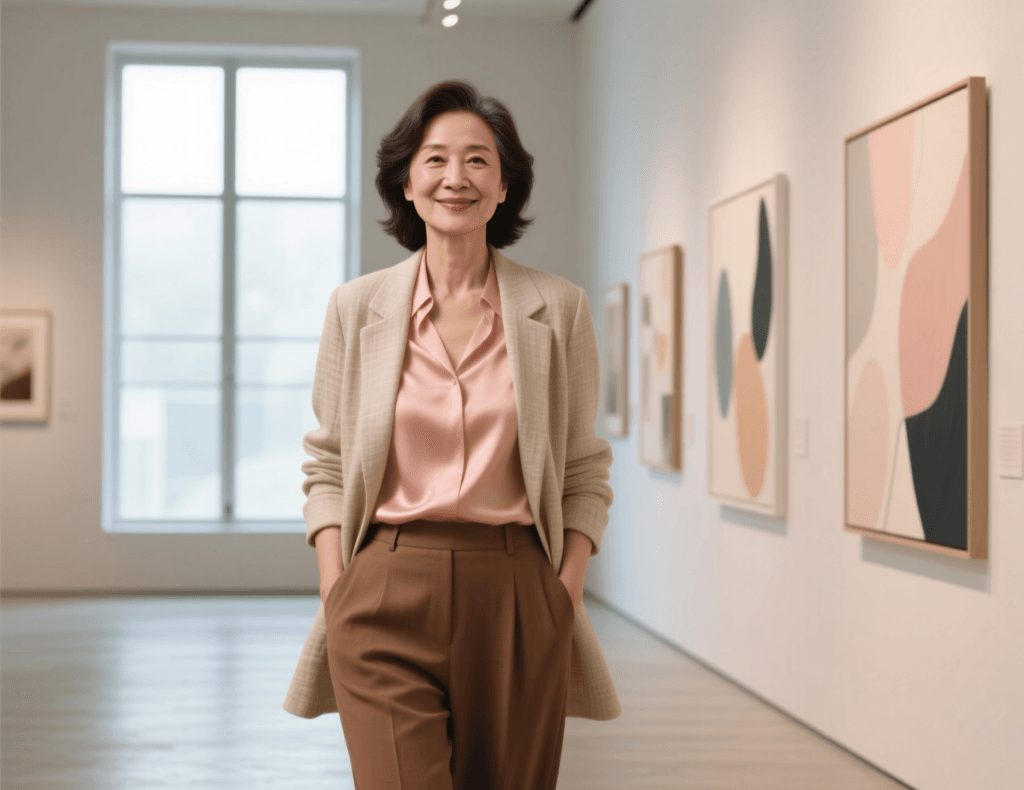 Mulher madura elegante usando blazer de linho bege, blusa de seda cor de pêssego e calças terrosas em uma galeria de arte minimalista, representando a moda contemporânea feminina.