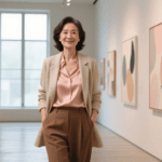 Mulher madura elegante usando blazer de linho bege, blusa de seda cor de pêssego e calças terrosas em uma galeria de arte minimalista, representando a moda contemporânea feminina.