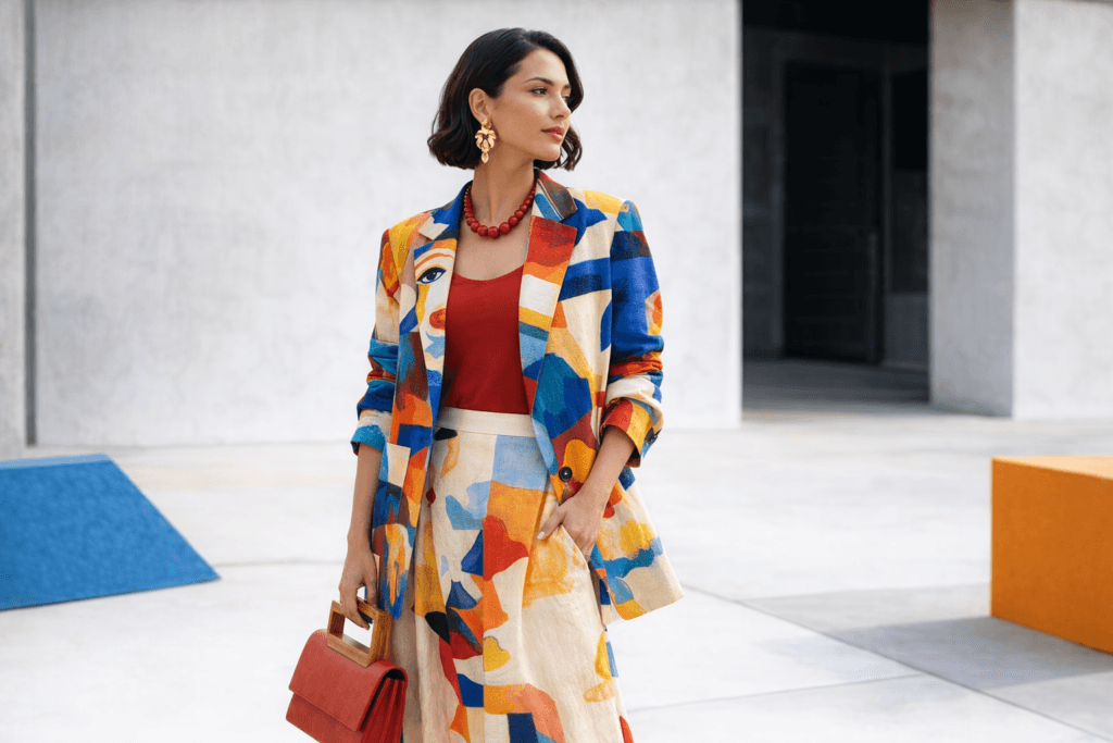 Mulher com estilo artístico feminino usando roupas criativas e inspiradas na arte, em cenário moderno, em composição horizontal.