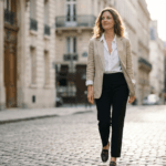 Fotografia em estilo fotojornalismo de uma mulher francesa, com cabelos ondulados e sorriso discreto, caminhando em uma rua de paralelepípedos em Paris com arquitetura clássica ao fundo. Ela veste um blazer de linho bege, camisa branca desabotoada, calça de alfaiataria preta e mocassins. A luz suave do sol da tarde a ilumina por trás, destacando a textura das roupas.