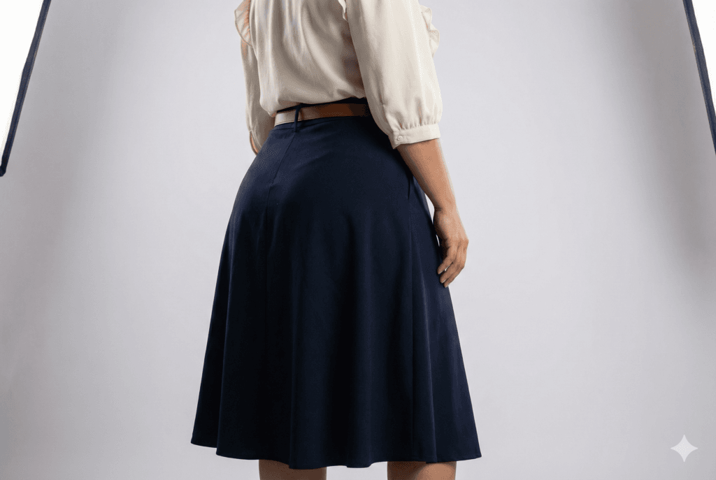 Close-up lateral de uma mulher com corpo tipo pera em um estúdio fotográfico. Ela veste uma saia midi evasê azul marinho escuro, uma blusa creme e um cinto fino de couro marrom marcando a cintura. A pose e as roupas demonstram como equilibrar a silhueta, disfarçando o quadril e realçando a cintura. Equipamento de iluminação de estúdio é visível nas laterais.
