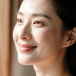 Close-up lateral de uma mulher com maquiagem pós-30 sutil e luminosa, destacando a textura natural da pele e um sorriso suave em fundo neutro.