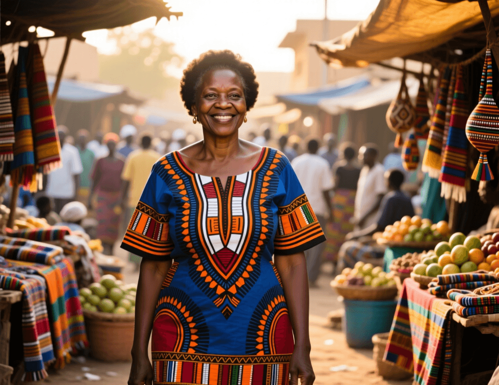 Mulher sorridente usando traje tradicional de moda africana feminina em mercado vibrante