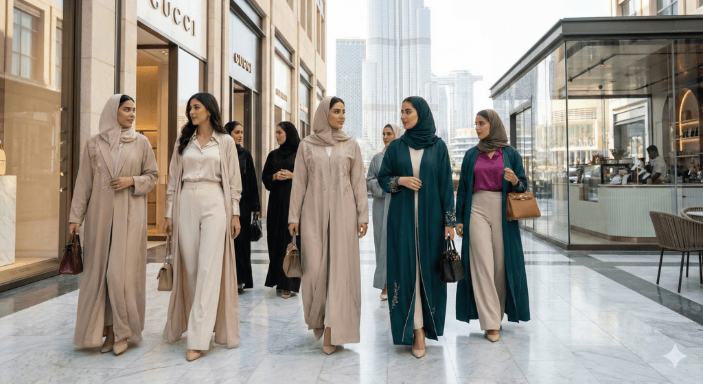 Moda feminina de Dubai com elegância discreta, abaya moderna e estética sofisticada no cenário urbano