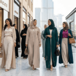 Moda feminina de Dubai com elegância discreta, abaya moderna e estética sofisticada no cenário urbano