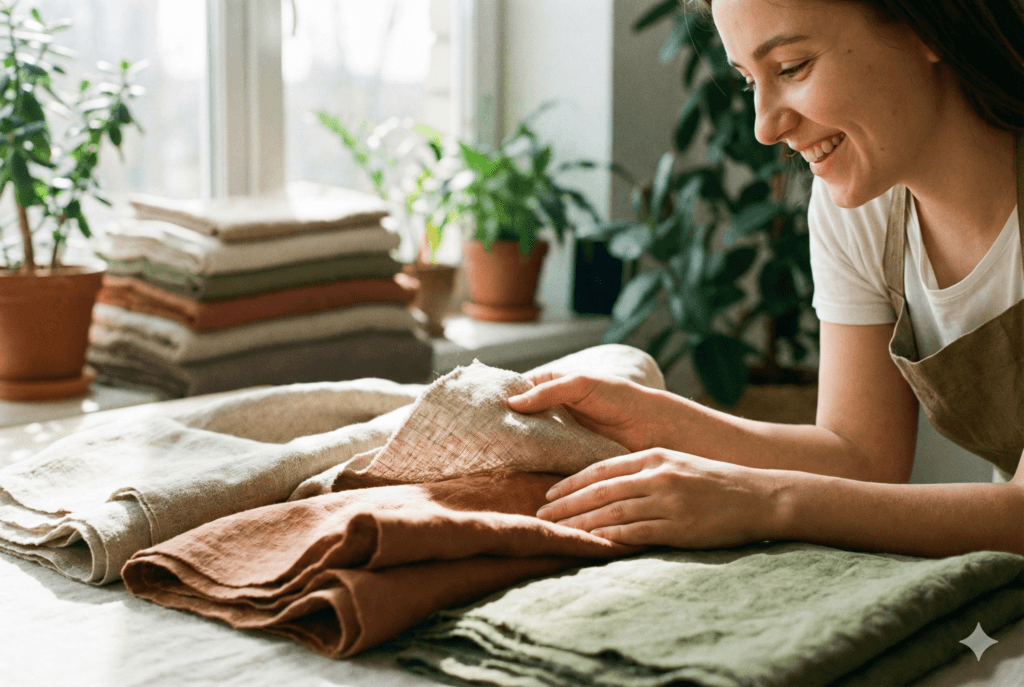Mulher sorrindo enquanto toca a textura de tecidos de linho natural em tons terrosos, como terracota e verde, ilustrando a escolha de materiais para a moda sustentável feminina