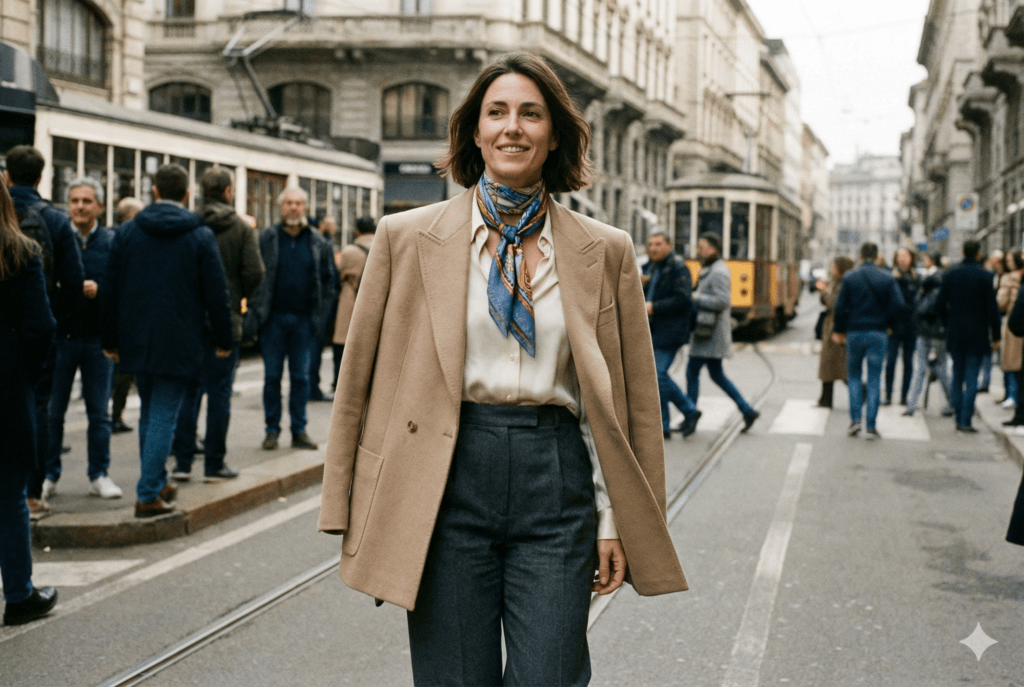 Fotografia estilo street style de uma mulher sorridente, na faixa dos 40 anos, caminhando em uma rua movimentada em Milão com bondes ao fundo. Ela veste um blazer oversized caramelo de lã sobre os ombros, uma camisa creme, calça de alfaiataria cinza chumbo de cintura alta e um lenço de seda azul estampado amarrado no pescoço. A luz é natural e difusa.