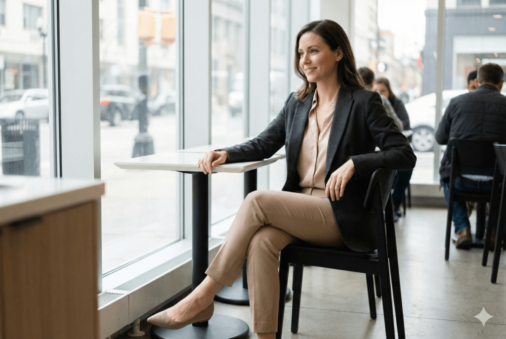 Mulher elegante na casa dos 30 anos, sentada com as pernas cruzadas em uma cafeteria moderna com grandes janelas, olhando para fora com um sorriso sutil. Ela veste um look de trabalho sofisticado: blazer de alfaiataria cinza chumbo, blusa de seda rosa pastel, calça de alfaiataria bege e sapatilhas de bico fino nude. A luz natural ilumina a cena.