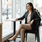 Mulher elegante na casa dos 30 anos, sentada com as pernas cruzadas em uma cafeteria moderna com grandes janelas, olhando para fora com um sorriso sutil. Ela veste um look de trabalho sofisticado: blazer de alfaiataria cinza chumbo, blusa de seda rosa pastel, calça de alfaiataria bege e sapatilhas de bico fino nude. A luz natural ilumina a cena.