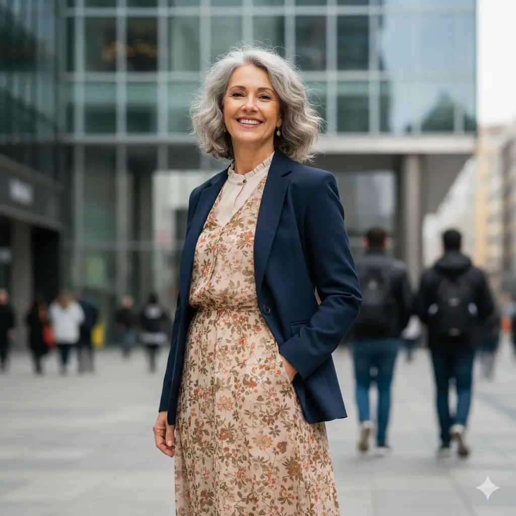 Mulher madura de cabelos grisalhos sorrindo em um centro empresarial, usando blazer azul-marinho sobre vestido floral em tons terrosos com gola de babados.