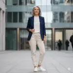 Mulher madura sorridente em cenário urbano, vestindo blazer azul-marinho sobre blusa floral com gola de babados.