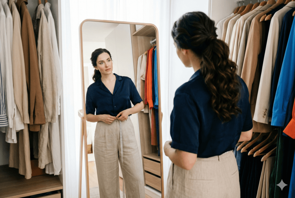 Uma mulher com cabelo preso em rabo de cavalo, vestindo blusa azul marinho de seda e calça pantalona de linho bege, segura uma fita métrica ao redor da cintura. Ela olha com uma expressão pensativa para seu reflexo em um grande espelho de moldura de madeira dentro de um closet bem iluminado e organizado com várias roupas penduradas.