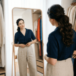 Uma mulher com cabelo preso em rabo de cavalo, vestindo blusa azul marinho de seda e calça pantalona de linho bege, segura uma fita métrica ao redor da cintura. Ela olha com uma expressão pensativa para seu reflexo em um grande espelho de moldura de madeira dentro de um closet bem iluminado e organizado com várias roupas penduradas.