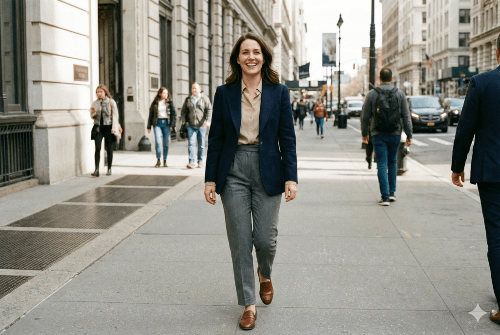 Fotografia em estilo fotojornalismo de uma mulher na casa dos 30 anos, sorrindo confiantemente enquanto caminha em uma calçada urbana movimentada durante o dia. Ela veste um blazer de lã azul marinho bem cortado sobre uma camisa de seda bege, calça de alfaiataria cinza de cintura alta e mocassins de couro marrom. A luz natural destaca a textura dos tecidos.