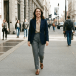 Fotografia em estilo fotojornalismo de uma mulher na casa dos 30 anos, sorrindo confiantemente enquanto caminha em uma calçada urbana movimentada durante o dia. Ela veste um blazer de lã azul marinho bem cortado sobre uma camisa de seda bege, calça de alfaiataria cinza de cintura alta e mocassins de couro marrom. A luz natural destaca a textura dos tecidos.
