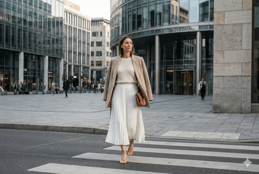 Saia branca midi em look elegante seguindo a tendência de saia branca para 2025