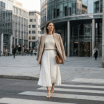 Saia branca midi em look elegante seguindo a tendência de saia branca para 2025