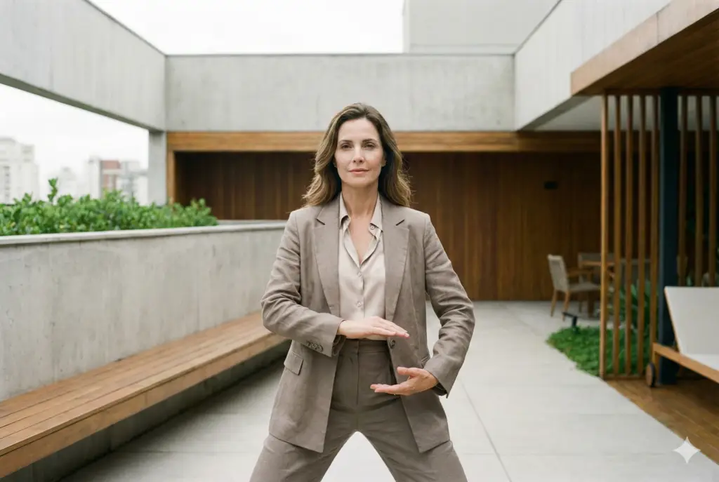 Mulher elegante representando wellness e bem-estar integral em estilo editorial de moda