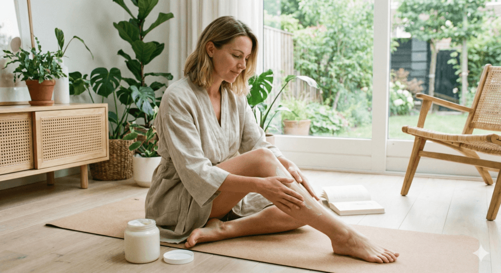 mulher aplicando creme corporal pós-30