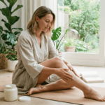 mulher aplicando creme corporal pós-30