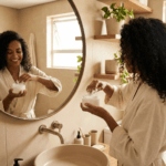 Mulher brasileira com cabelos saudáveis e brilhantes aplicando máscara de tratamento em frente ao espelho de um banheiro minimalista, ilustrando uma das etapas do cronograma capilar feminino.