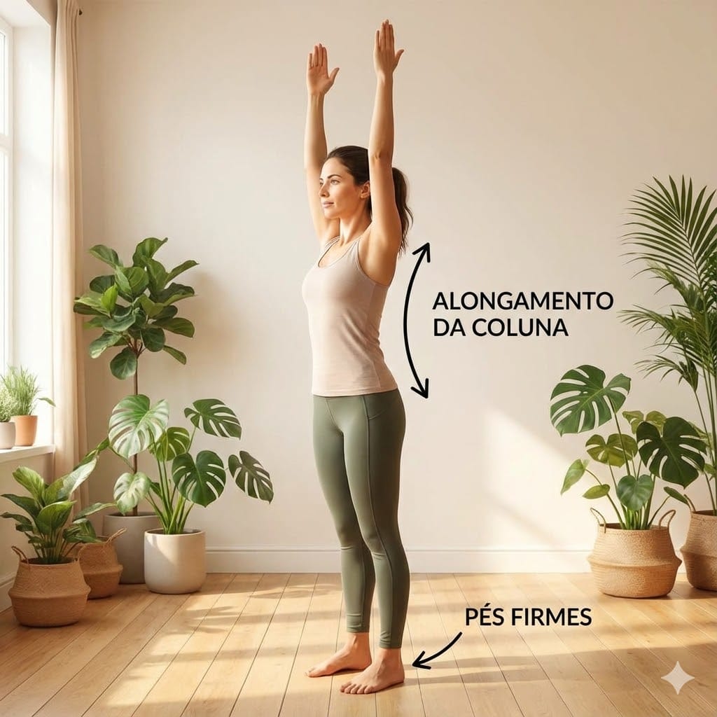Diagrama fotográfico mostrando uma mulher em pé em um ambiente iluminado, com os braços erguidos acima da cabeça. Setas e textos sobrepostos indicam o movimento de "ALONGAMENTO DA COLUNA" e a posição de "PÉS FIRMES" no chão.