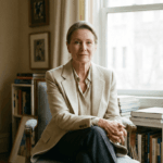 Mulher com expressão serena e postura confiante vestindo um conjunto elegante em tons neutros, ilustrando a sofisticação do estilo pessoal após os 30. O ambiente é iluminado por luz natural suave.