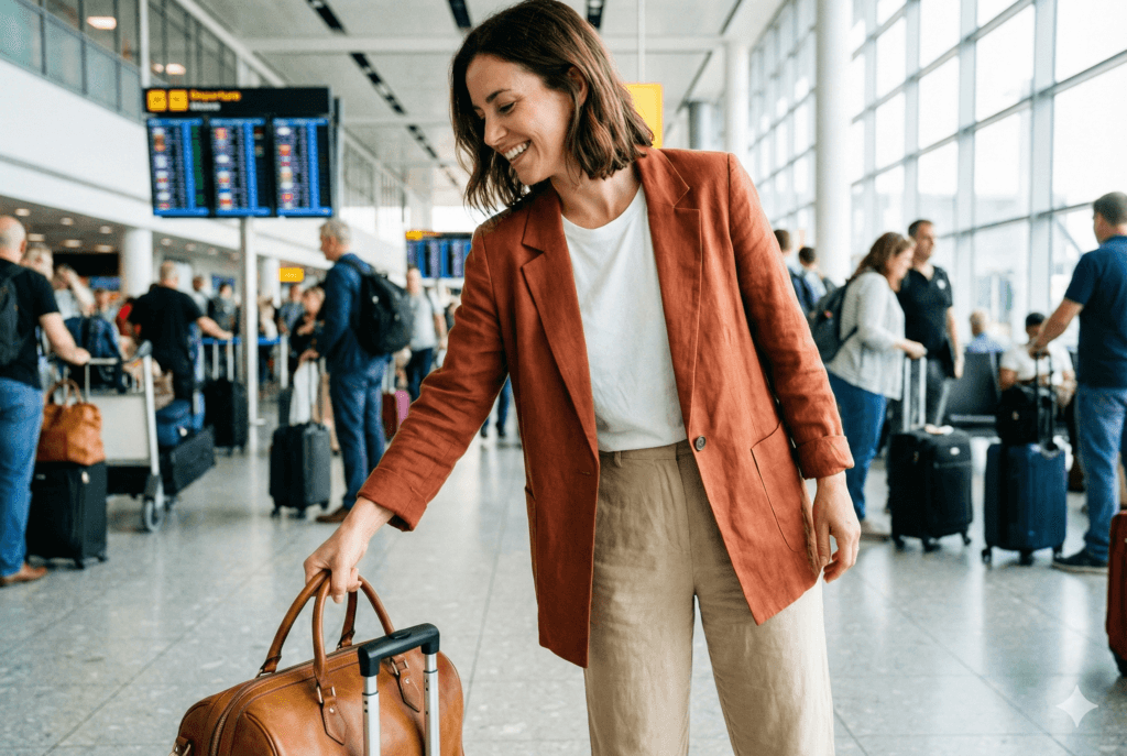 Mulher sorridente em um aeroporto movimentado segurando uma mala de mão, vestindo um blazer leve e roupas confortáveis, exemplificando a união de praticidade e estilo na moda em viagem.