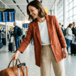 Mulher sorridente em um aeroporto movimentado segurando uma mala de mão, vestindo um blazer leve e roupas confortáveis, exemplificando a união de praticidade e estilo na moda em viagem.