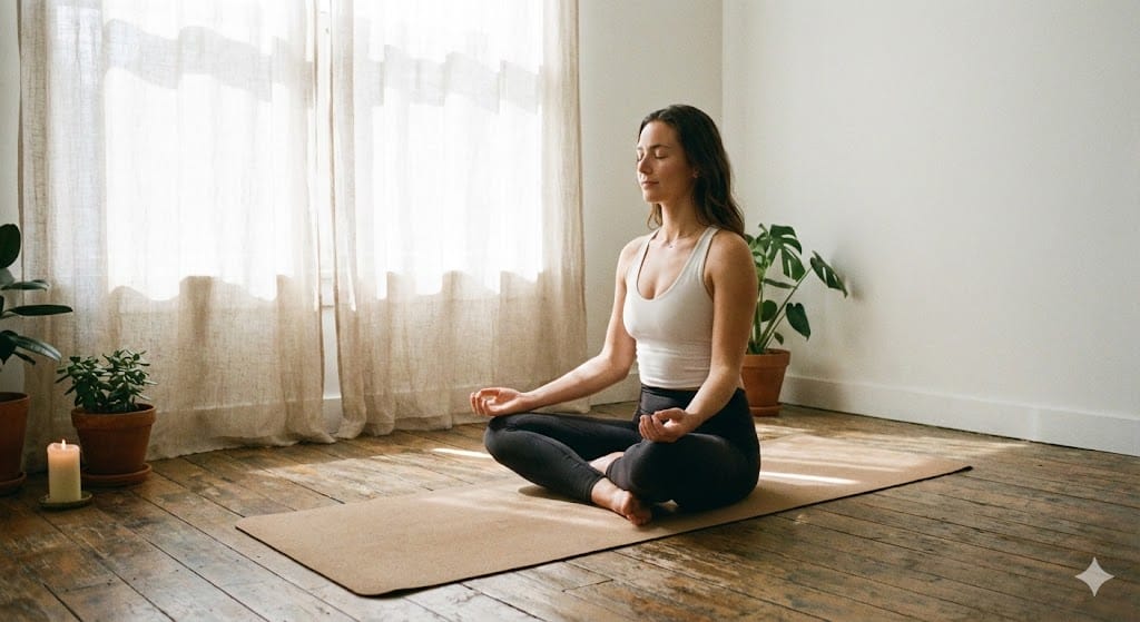 Mulher sentada confortavelmente em um tapete de yoga, com olhos fechados e expressão de paz, praticando meditação em um ambiente iluminado por luz natural suave.