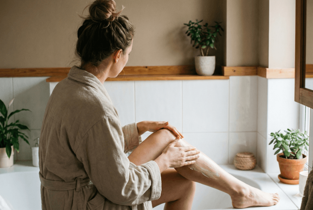 Mulher de costas vestindo um roupão neutro aplicando creme hidratante nas pernas em um banheiro com luz natural, ilustrando um passo essencial da rotina corporal de autocuidado.