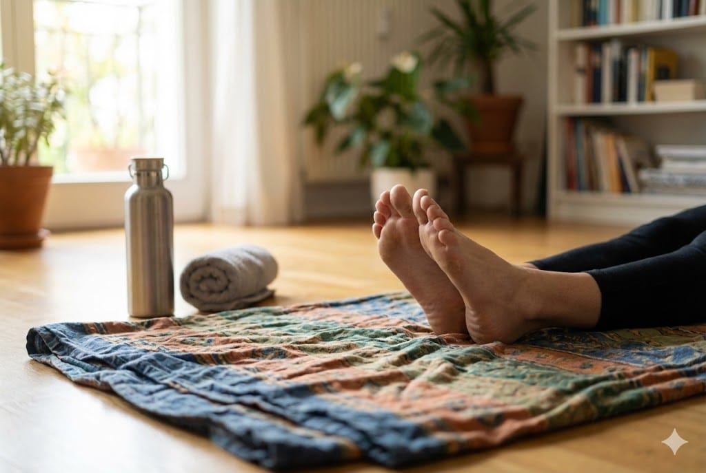 Close-up de pés femininos descalços apoiados em um tapete de yoga colorido, com uma garrafa de água e toalha ao lado, em uma sala iluminada pelo sol, ilustrando o conforto do yoga em casa.